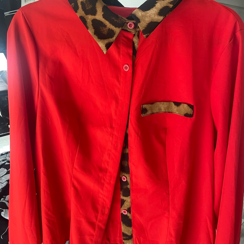 SHEIN Curve Red Blouse 1XL Leopard Trim Loose Fit Bold Chic Top